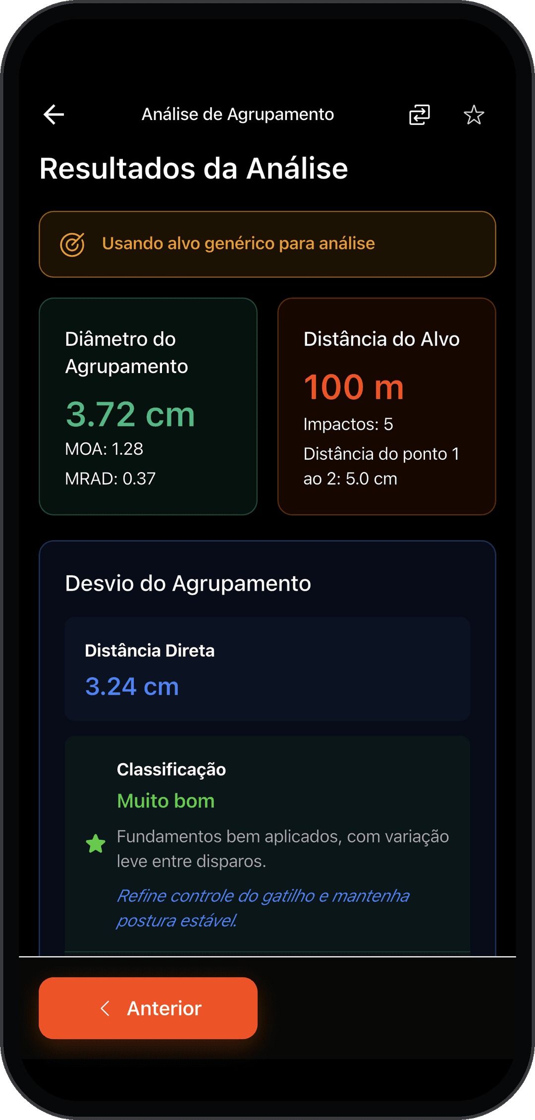 SC Ballistics: resultado do agrupamento com diâmetro, MOA, MRAD e desvio