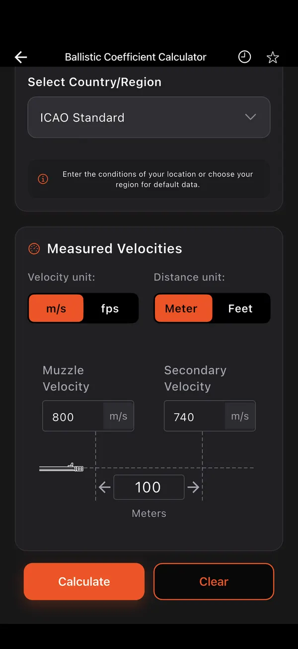 Ballistic Coefficient Calculator, step 2: Conditions and velocities