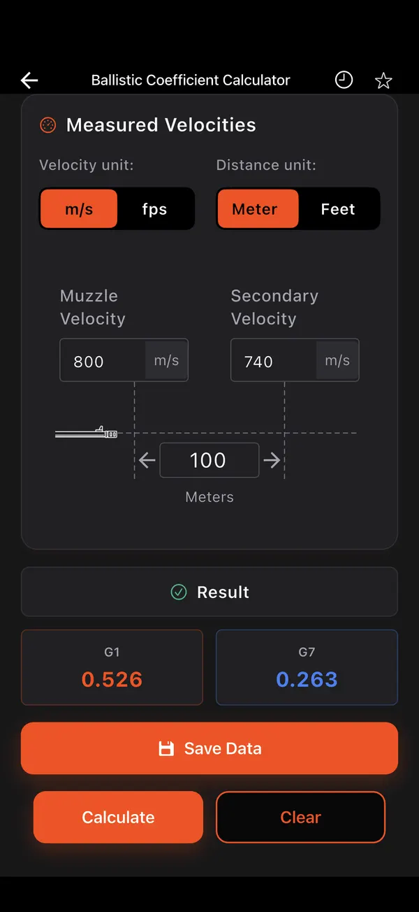 Ballistic Coefficient Calculator, step 3: G1 and G7 result