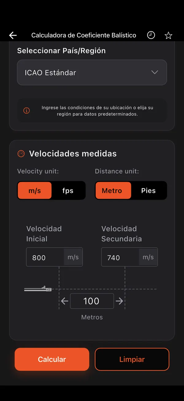 Calculadora de Coeficiente Balístico, paso 2: Condiciones y velocidades