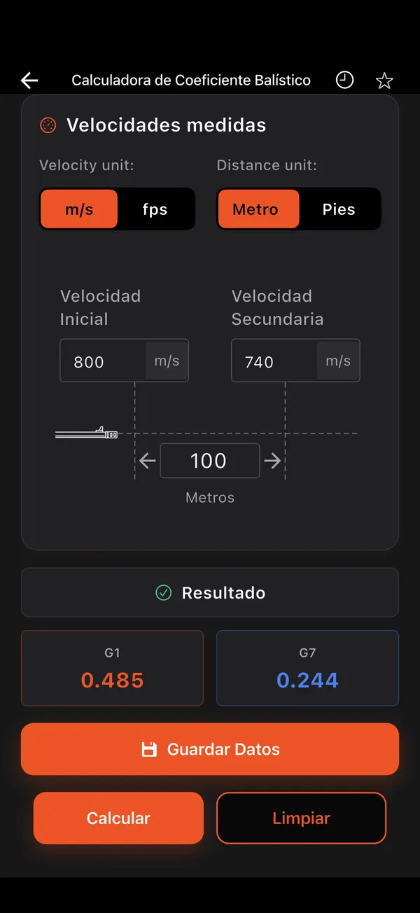Calculadora de Coeficiente Balístico, paso 3: Resultado G1 y G7