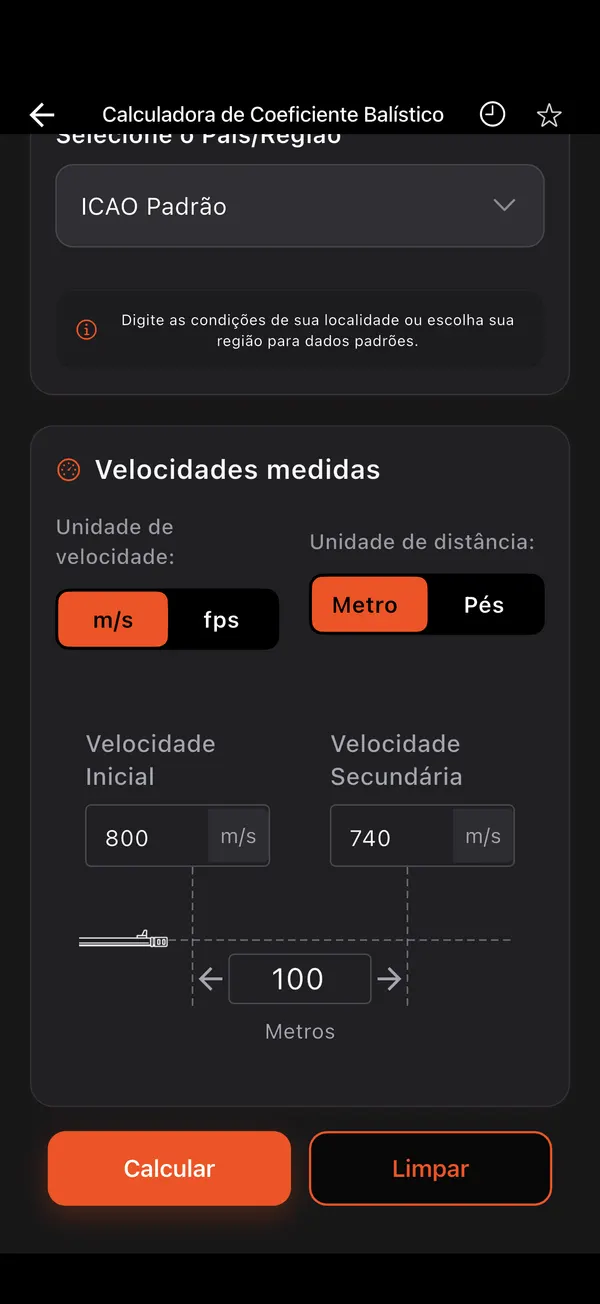 Calculadora de Coeficiente Balístico, passo 2: Condições e velocidades
