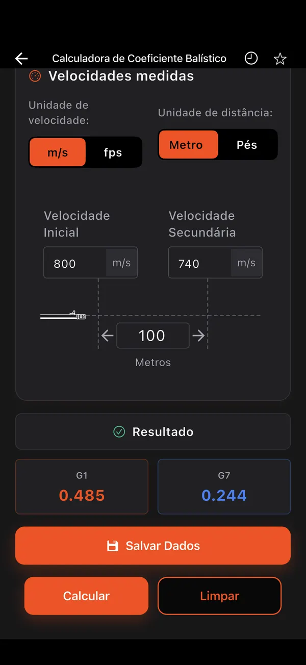 Calculadora de Coeficiente Balístico, passo 3: Resultado G1 e G7