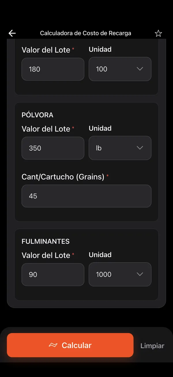 Calculadora de Costo de Recarga, paso 2: Precios de los componentes