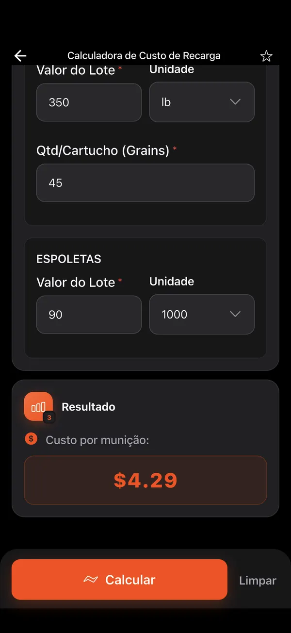 Calculadora de Custo de Recarga, passo 3: Custo por munição