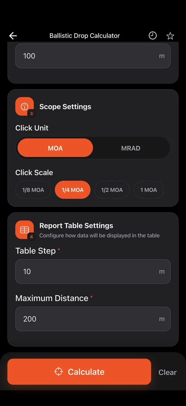 Ballistic Drop Calculator, step 2: Bullet and sight