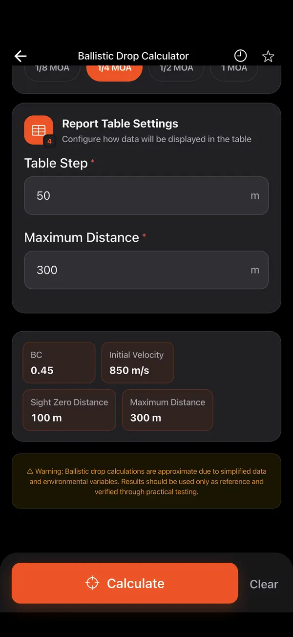 Ballistic Drop Calculator, step 3: Scope and table