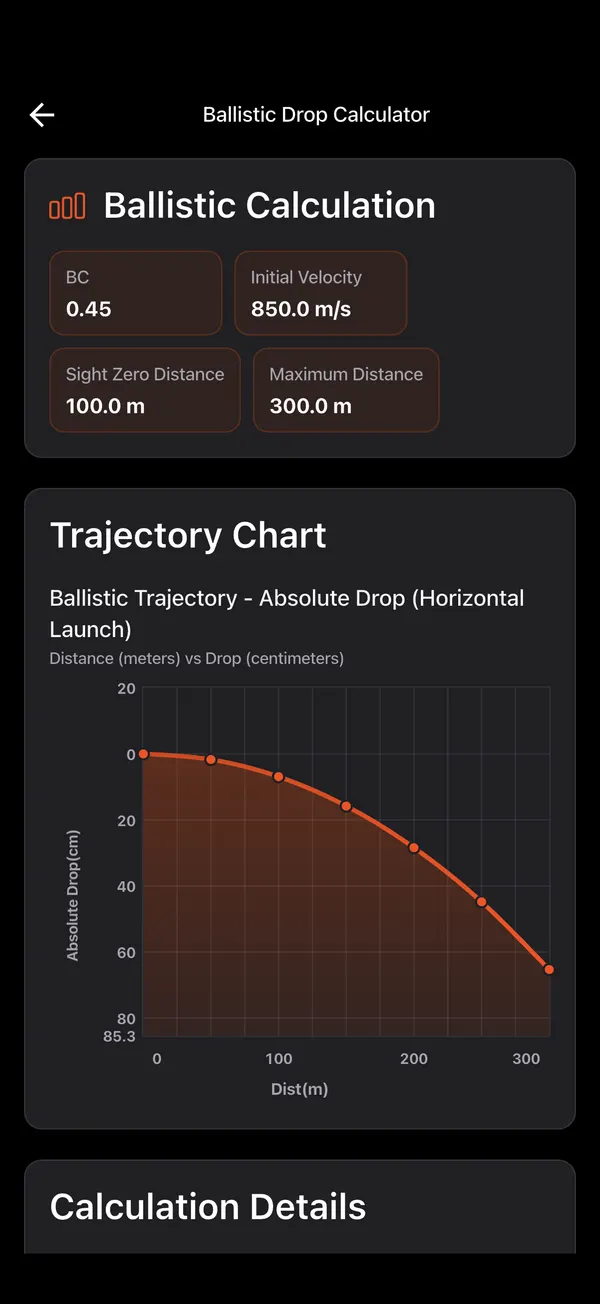 Ballistic Drop Calculator, step 4: Trajectory