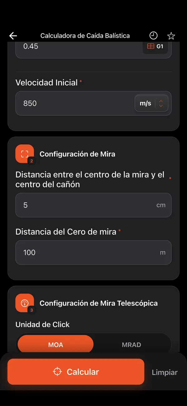 Calculadora de Caída Balística, paso 2: Proyectil y mira