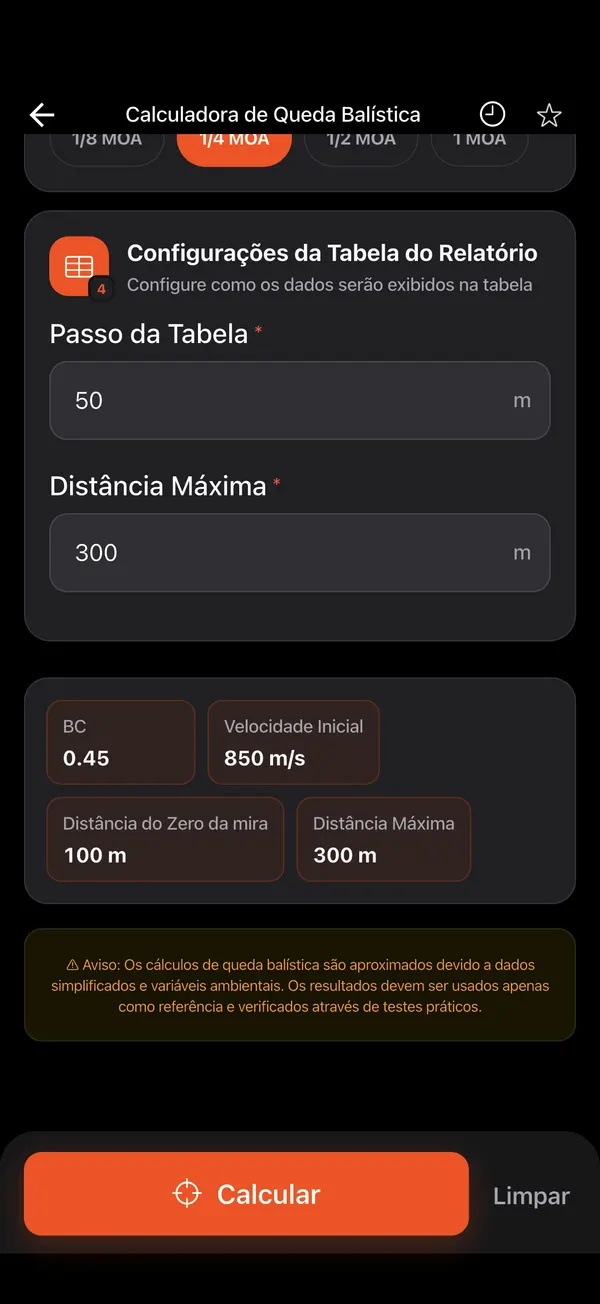 Calculadora de Queda Balística, passo 3: Luneta e tabela