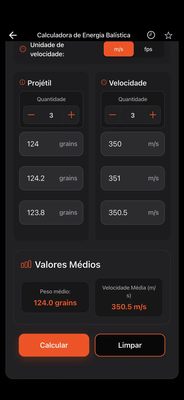 Calculadora de Energia Balística, passo 2: Informe pesos e velocidades