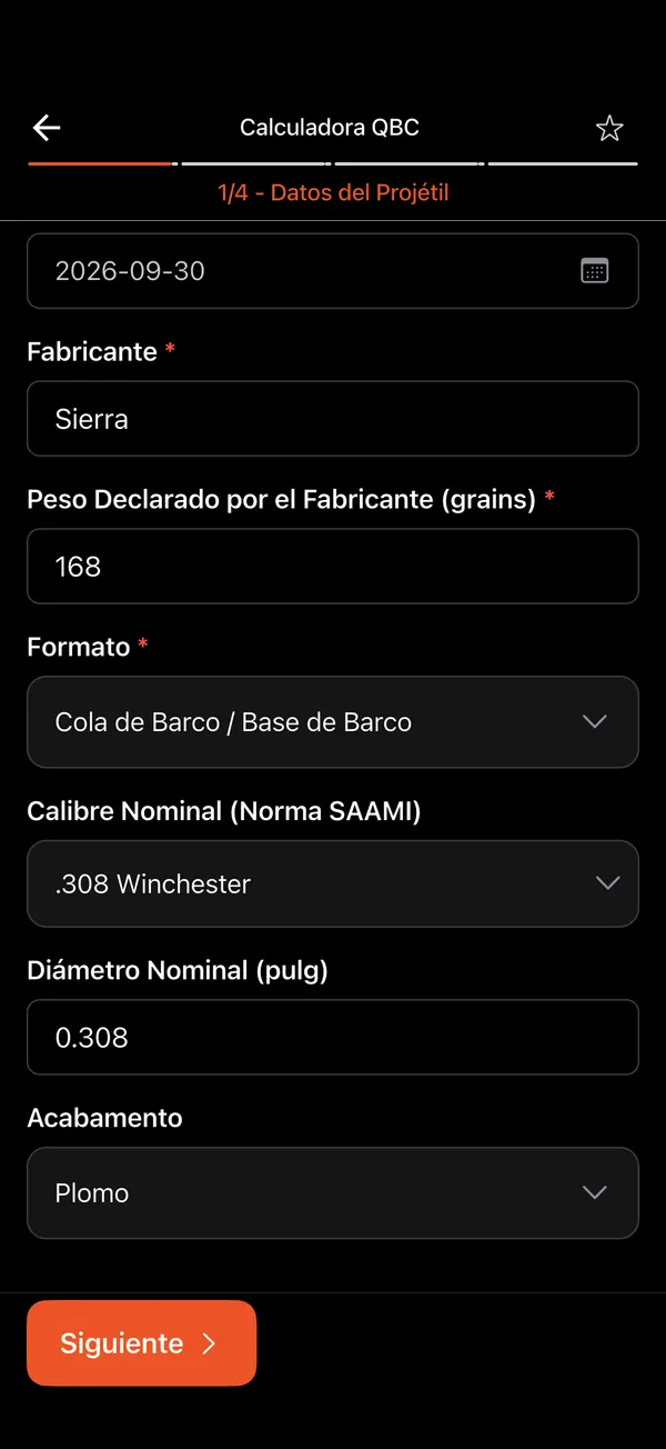 Calculadora QBC de Calidad del Proyectil, paso 2: Datos del proyectil