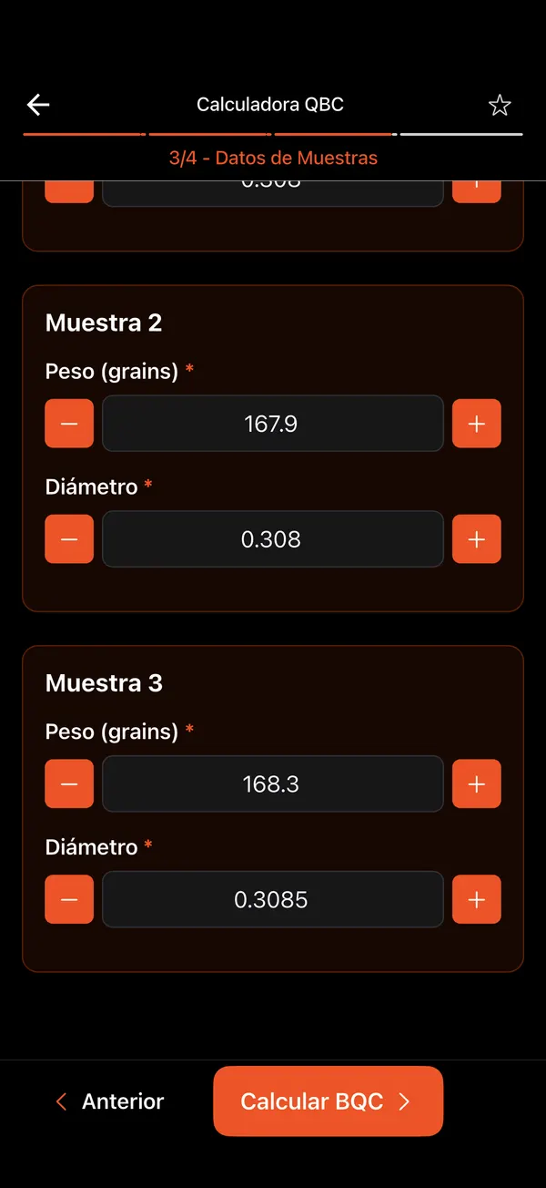 Calculadora QBC de Calidad del Proyectil, paso 5: Pesa y mide cada muestra