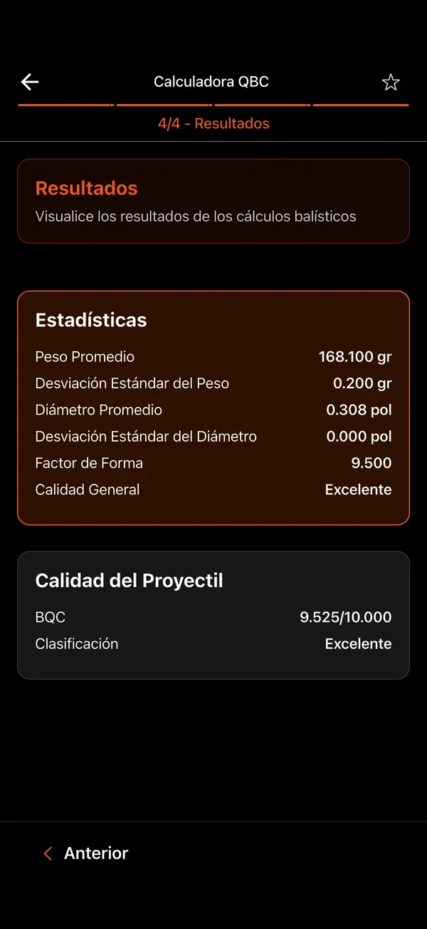 Calculadora QBC de Calidad del Proyectil, paso 6: Resultado del lote