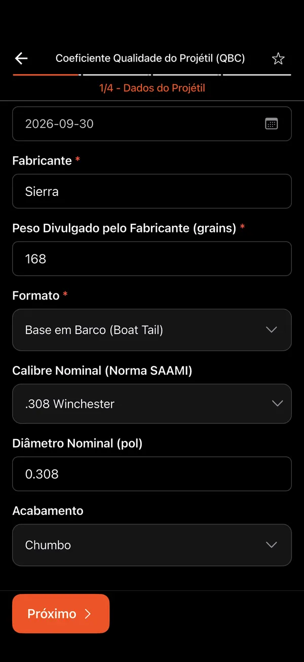 Calculadora QBC de Qualidade do Projétil, passo 2: Dados do projétil