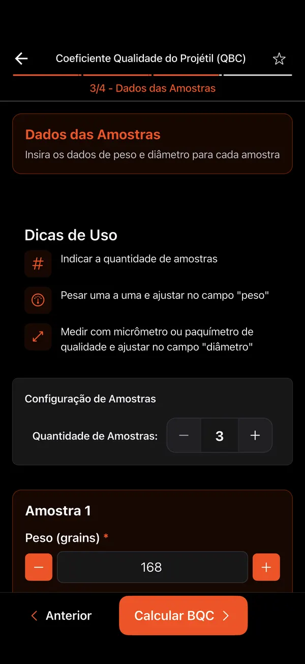 Calculadora QBC de Qualidade do Projétil, passo 4: Quantidade de amostras