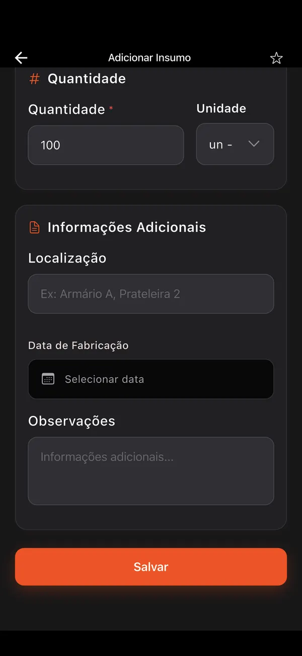 Inventário de Insumos de Recarga, passo 2: Novo insumo
