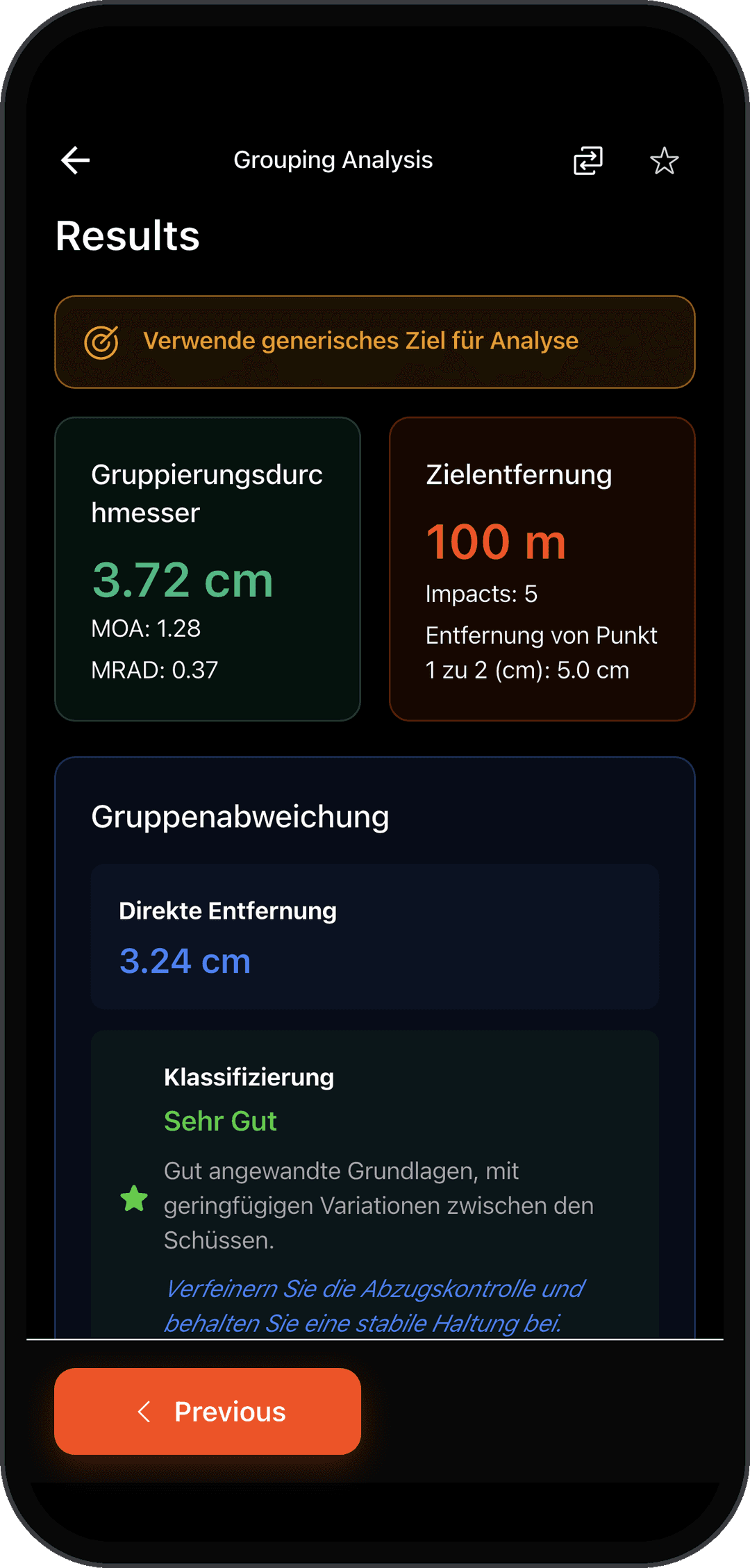 SC Ballistics: Schussbild mit Durchmesser, MOA, MRAD und Ablage
