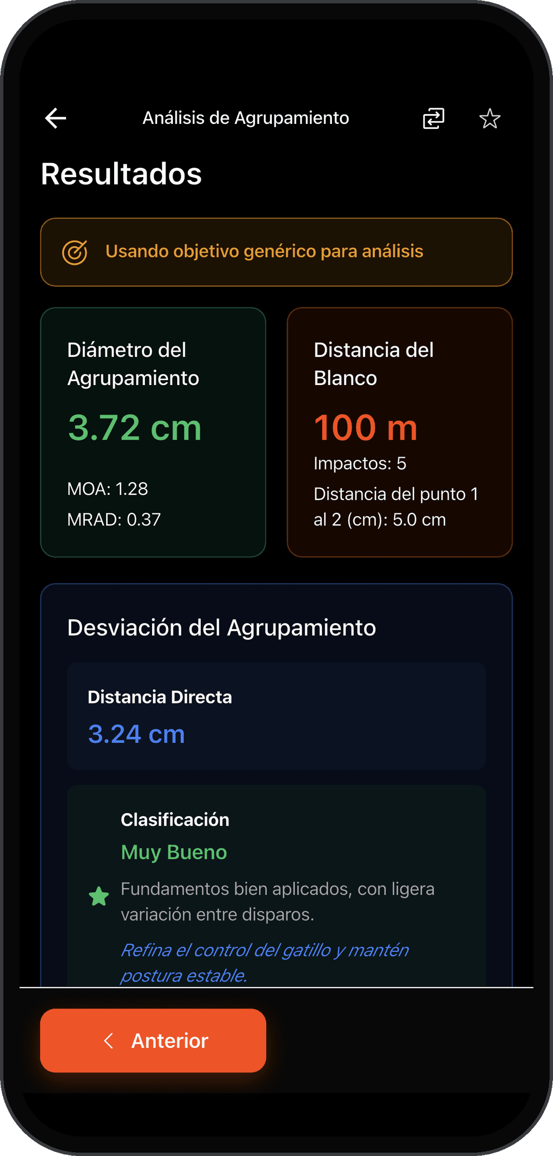 SC Ballistics: resultados de agrupación con diámetro, MOA, MRAD y desviación